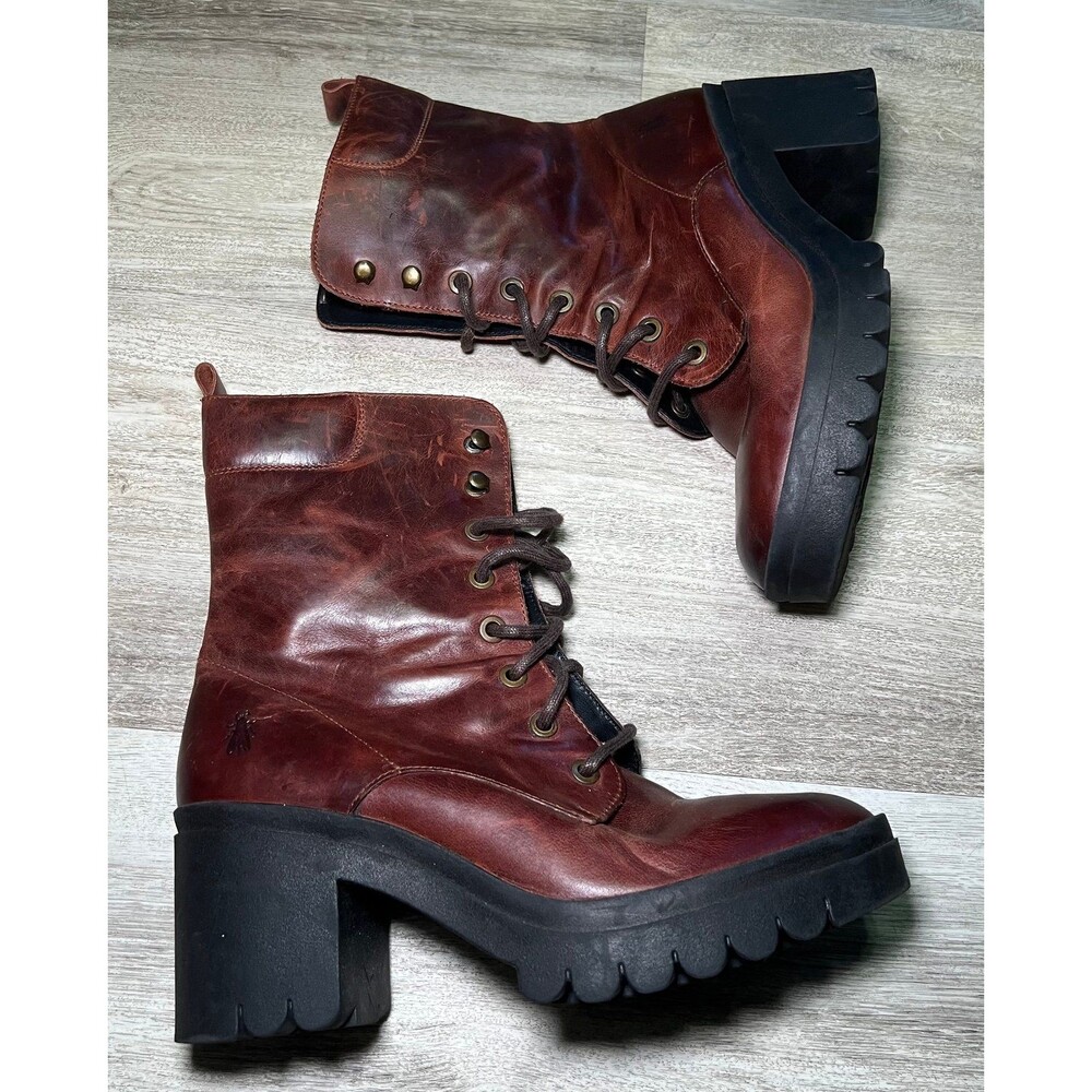 Fly London Burgundy Leather‎ Combat Boots Chunky Platform Heel Lace-Up Military